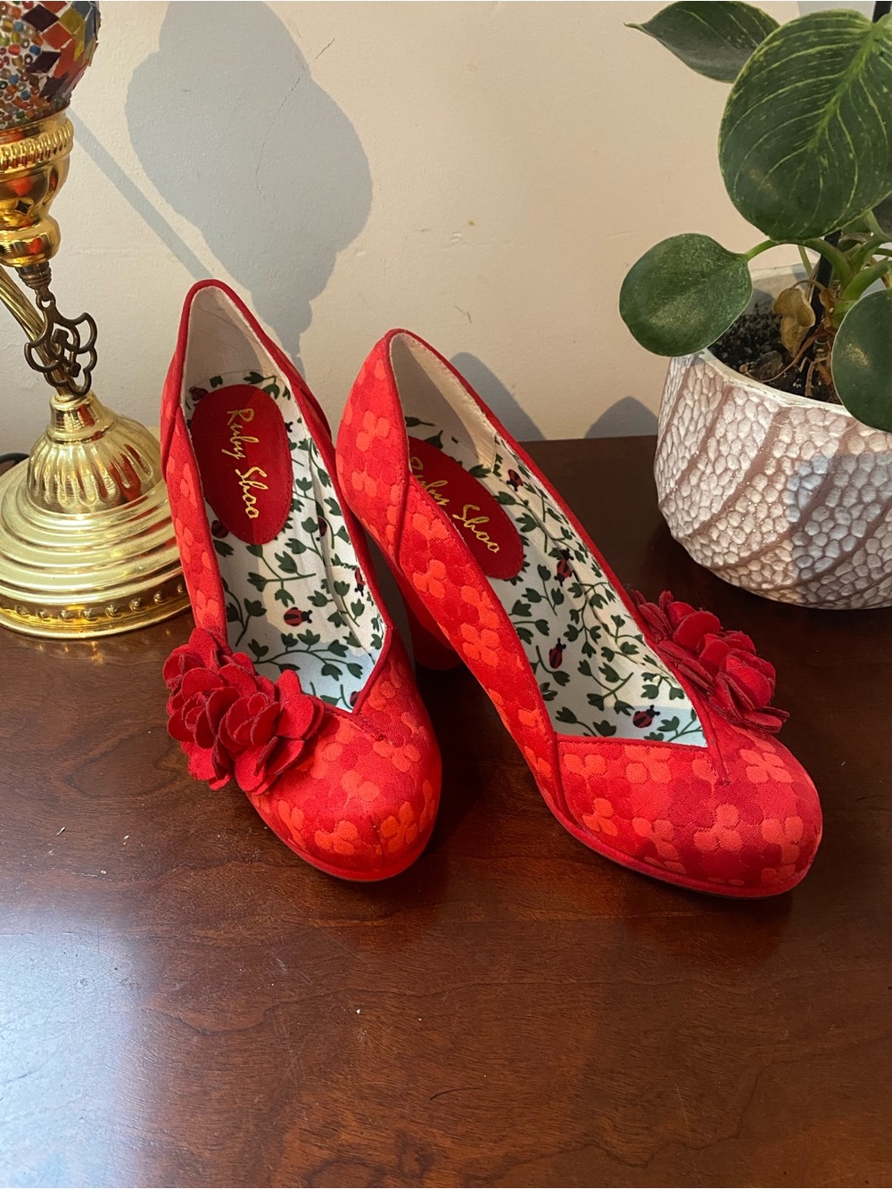 Ruby Shoo Women's Red Floral Heels with Decorative Flower